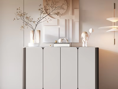 Minimalist Entryway Console Cabinet With Dried Flower Vase Wall Decor And Small Ornaments 3d model