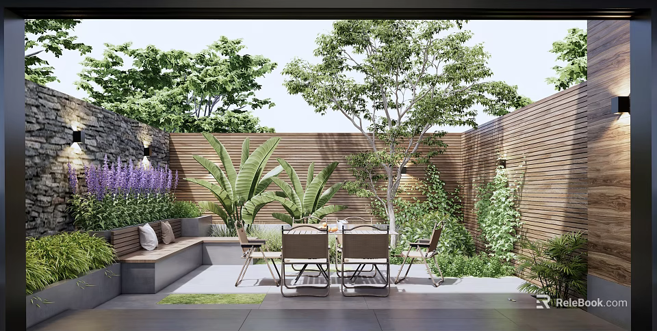 Courtyard Garden Featuring Wooden Fence Purple Flowers Green Plants Bench And Seating Table Chairs 3d model 