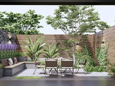 Courtyard Garden Featuring Wooden Fence Purple Flowers Green Plants Bench And Seating Table Chairs 3d model