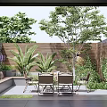 Courtyard Garden Featuring Wooden Fence Purple Flowers Green Plants Bench And Seating Table Chairs