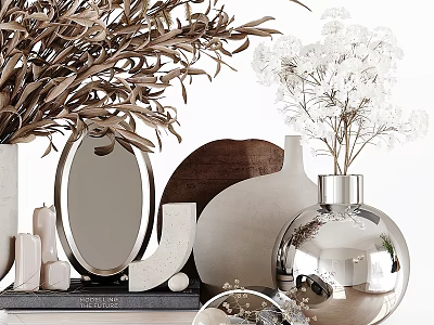 Modern Decorative Ornament Set With Vase Mirror Candle Book Foliage And Metallic Accents 3d model