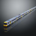 Long White Train With Yellow And Red Accents On Dark Background Showing Reflection