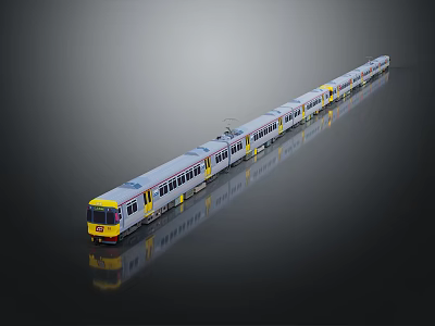 Long White Train With Yellow And Red Accents On Dark Background Showing Reflection 3d model