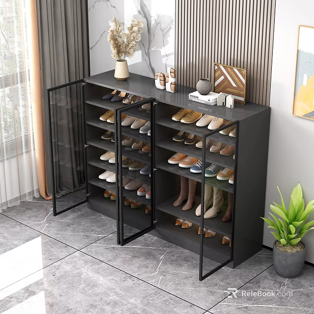 Sleek Modern Black Shoe Cabinet With Glass Doors For Spacious Home Entryway Shoe Storage 3d model 
