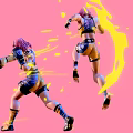 Pink Haired Women In Dynamic Pose With Yellow Black Outfits Pink Background And Yellow Splatter