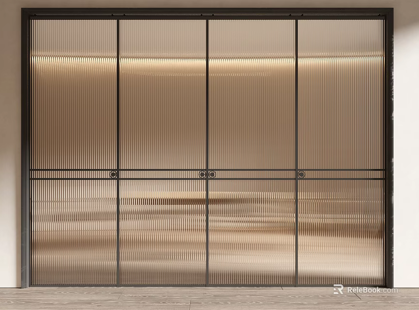 Modern Sliding Doors With Black Frames Ribbed Glass And Ambient Lighting 3d model 