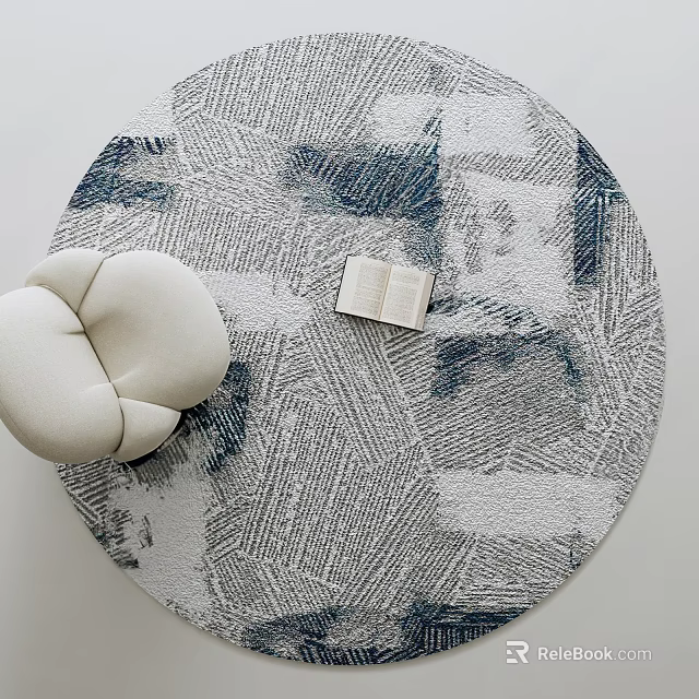 Round Carpet In Gray Blue With Abstract Pattern Open Book And White Pouf 3d model