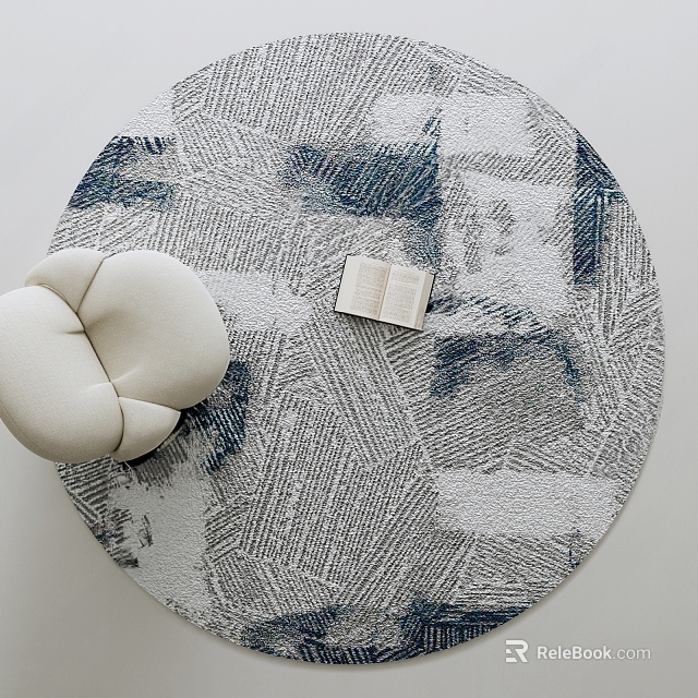 Round Carpet In Gray Blue With Abstract Pattern Open Book And White Pouf 3d model 