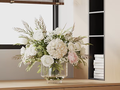 White and Pink Flowers Arrangement in Transparent Glass Vase with Green Leaves and Bookshelf 3d model
