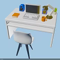 Essential Living Supplies On Modern Desk With Laptop Speaker Lamp Plant Mug And Chair