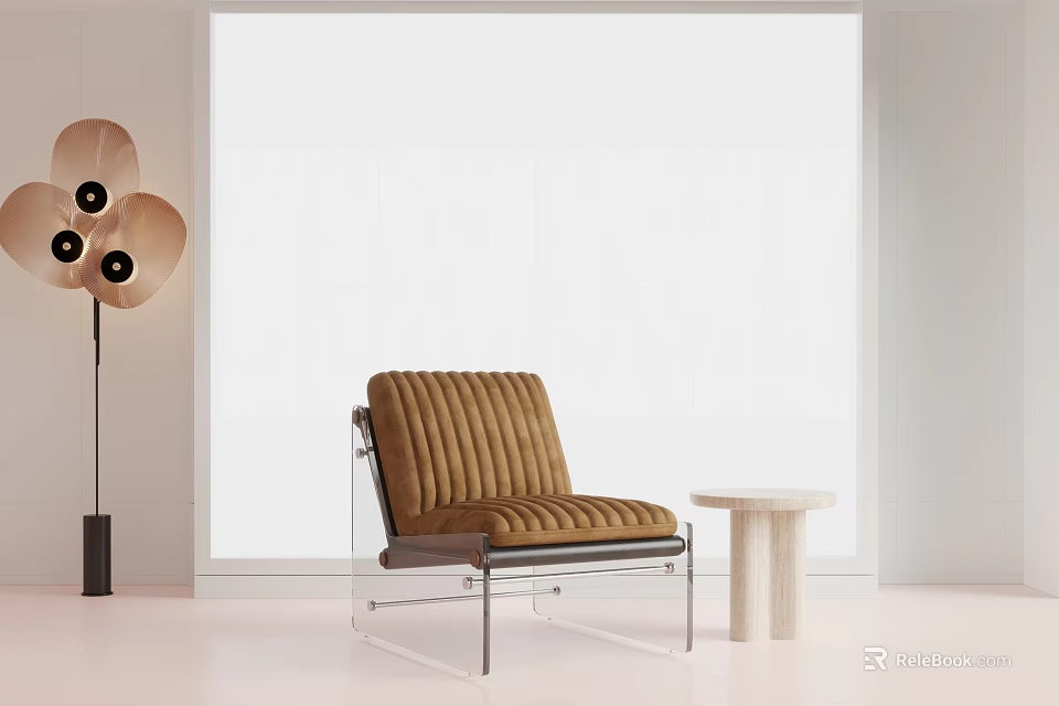 Modern Brown Striped Armchair And White Round Coffee Table Set With Transparent Legs 3d model 