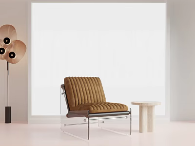 Modern Brown Striped Armchair And White Round Coffee Table Set With Transparent Legs 3d model