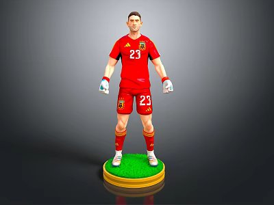 Man in Red Soccer Jersey Number 23 Standing as 3D Model Figure on Green Base 3d model