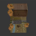 Cartoon Scene With Wooden Cabin On Cliff And Autumn Trees By Stream