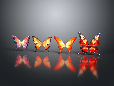 Pink Yellow Orange Red Butterflies With Reflections On Gray Background 3d model