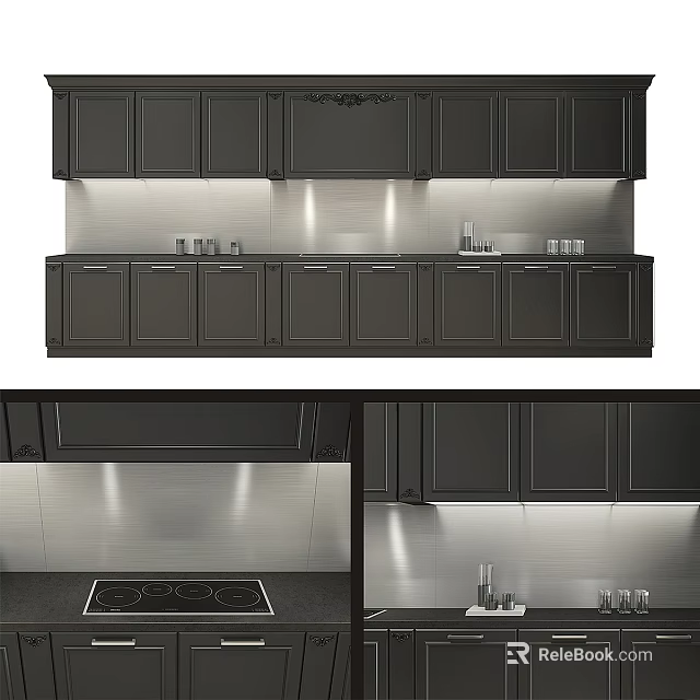 Modern Kitchen Featuring Black Upper And Lower Cabinets With Stainless Steel Backsplash 3d model