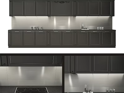 Modern Kitchen Featuring Black Upper And Lower Cabinets With Stainless Steel Backsplash 3d model
