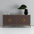 Modern Brown Console Table With Vertical Stripe Design Gold Legs White Vases And Green Plant