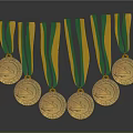 Six Gold Medals with Green and Yellow Ribbons Hanging on Dark Background