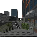 Vibrant Commercial Street Featuring Modern High Rise Buildings Open Plaza Escalators And Greenery