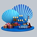 Decorative Display With Blue Shells Gift Boxes Eggs Lighthouse And Logo 3d model