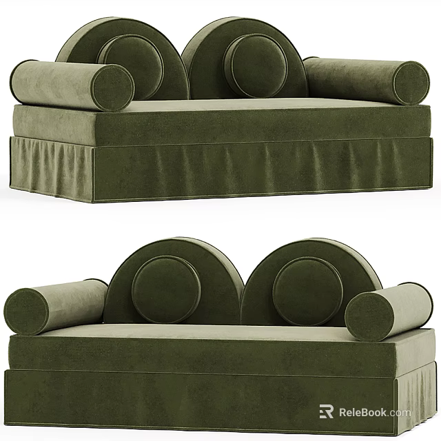 Green Two Seater Sofa with Circular Back Cushions Rounded Armrests and Skirted Base 3d model