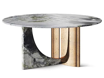 Stylish Round Dining Table Featuring Marble Top Marble Curved Support And Brass Pillars 3d model