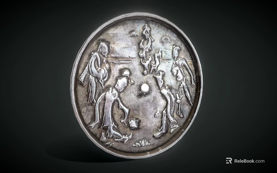 Ancient Silver Mirror With Intricate Carved Human Figures And Scenes 3d model 