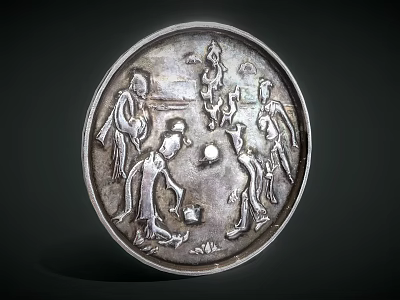 Ancient Silver Mirror With Intricate Carved Human Figures And Scenes 3d model