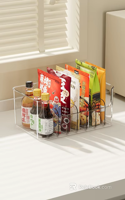 Transparent Kitchen Storage Organizer Holding Condiment Bottles And Snack Packs On Countertop 3d model 