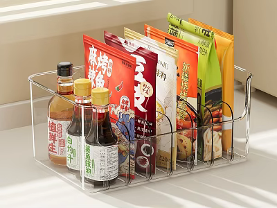 Transparent Kitchen Storage Organizer Holding Condiment Bottles And Snack Packs On Countertop 3d model