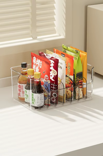 Transparent Kitchen Storage Organizer Holding Condiment Bottles And Snack Packs On Countertop 3d model
