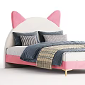 Cute Kids Bed with Cat Ear Design Pink Gray Headboard White Frame and Striped Plaid Bedding