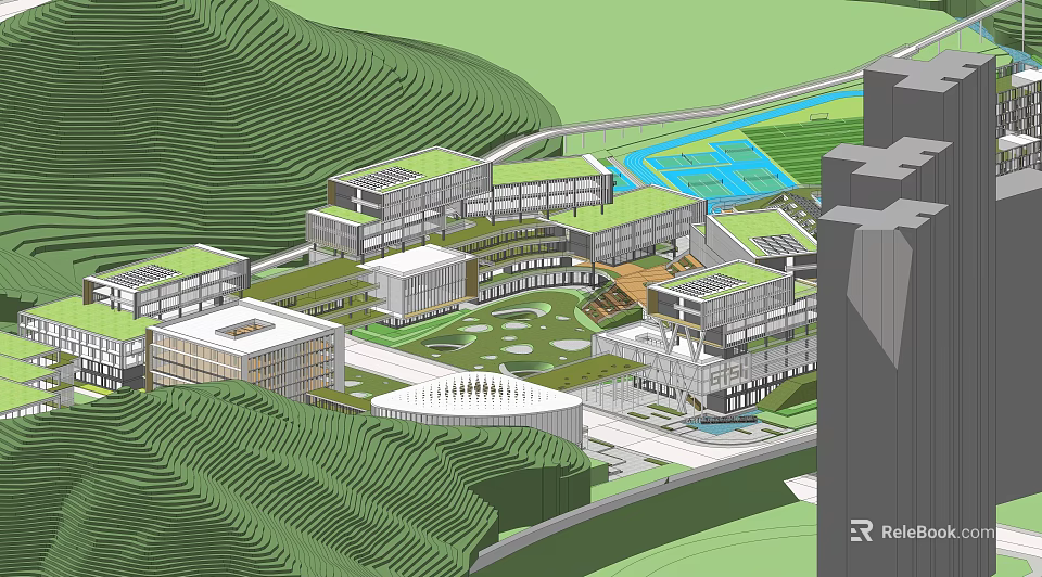 Modern School Campus Featuring Green Roof Buildings Central Courtyard Scenic Hills And Water Area 3d model 