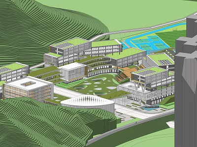 Modern School Campus Featuring Green Roof Buildings Central Courtyard Scenic Hills And Water Area 3d model