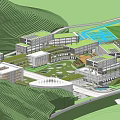 Modern School Campus Featuring Green Roof Buildings Central Courtyard Scenic Hills And Water Area