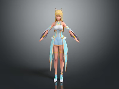 Anime Style Blonde Female Character with Cat Ears in Blue White Outfit and Flowing Sleeves 3d model