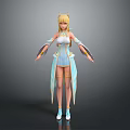 Anime Style Blonde Female Character with Cat Ears in Blue White Outfit and Flowing Sleeves