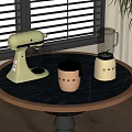 Vintage Colored Kitchen Appliances On Round Wooden Table With Blender Juicer And Mixer