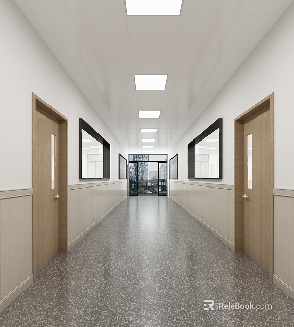Modern Elevator Corridor With Bright Lights Large Windows And Wooden Doors 3d model 