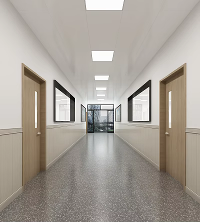 Modern Elevator Corridor With Bright Lights Large Windows And Wooden Doors 3d model