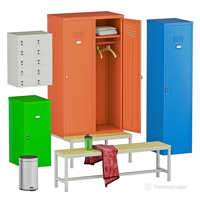 Sports Equipment Featuring Various Colored Lockers And Bench For Gym Storage 3d model 