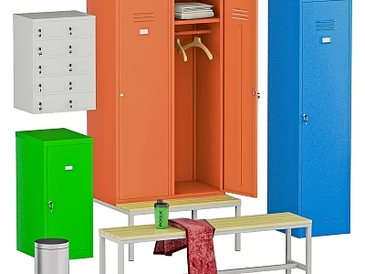 Sports Equipment Featuring Various Colored Lockers And Bench For Gym Storage 3d model