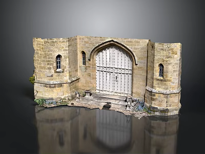 Medieval Castle Gate With Stone Walls Arched Entrance Wooden Door And Flanking Towers 3d model