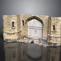 Medieval Castle Gate With Stone Walls Arched Entrance Wooden Door And Flanking Towers