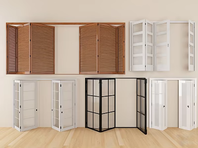 Different Styles of Folding Doors Including Wooden Louvered and Black Frame Designs 3d model