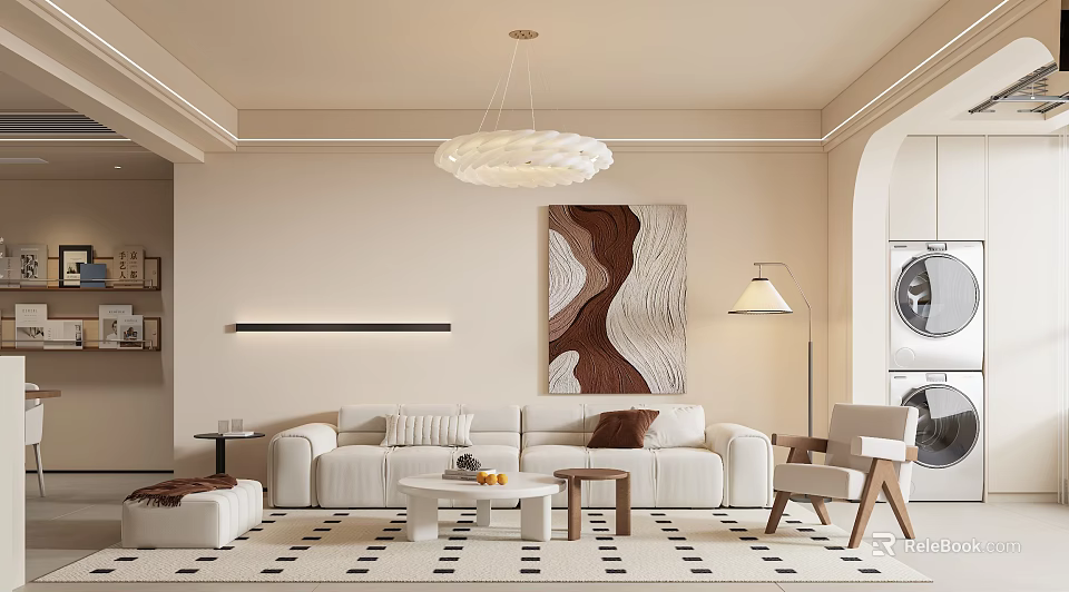 Modern Open Living And Dining Room With Cloud Pendant Light White Sofa And Geometric Rug 3d model 