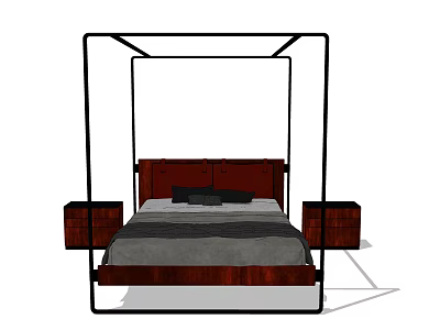 Double Bed With Wooden Headboard Gray Bedding Black Pillows And Nightstands 3d model
