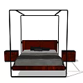 Double Bed With Wooden Headboard Gray Bedding Black Pillows And Nightstands