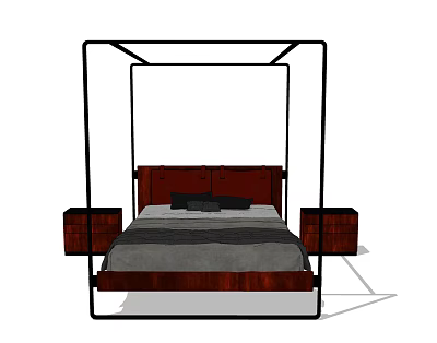 Double Bed With Wooden Headboard Gray Bedding Black Pillows And Nightstands 3d model